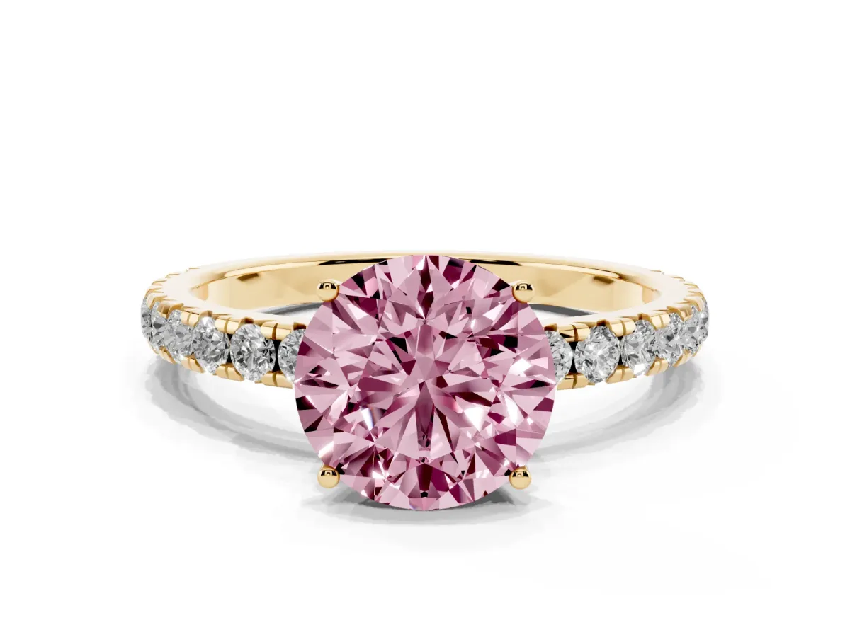 Fancy Pink Round Cut Diamond Pavé Solitaire Engagement Ring with Four-Prong Setting Yellow gold