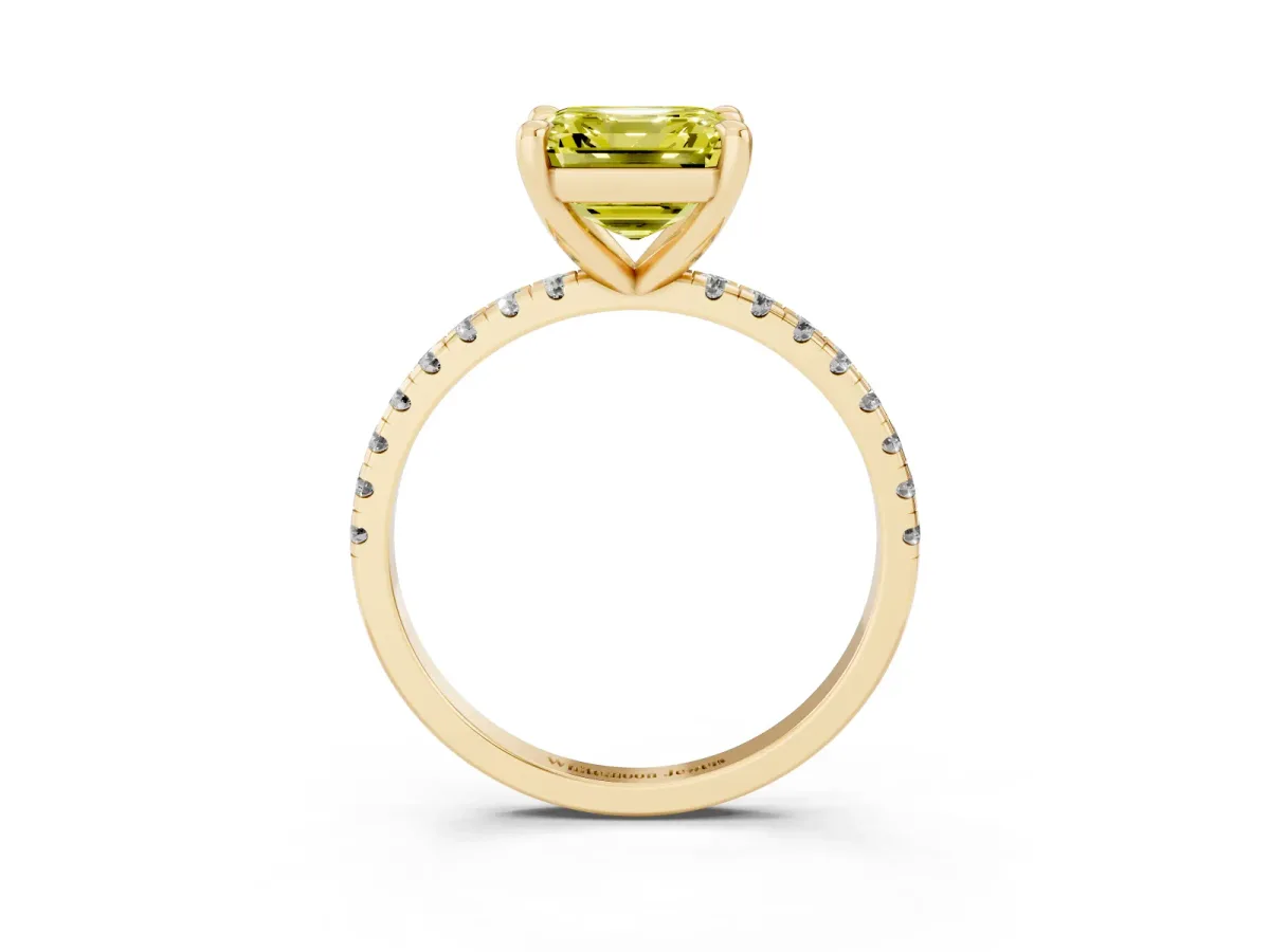 Fancy Yellow Asscher Cut Diamond Brilliant Solitaire Ring with Pavé Band and Four-Prong Setting Yellow gold