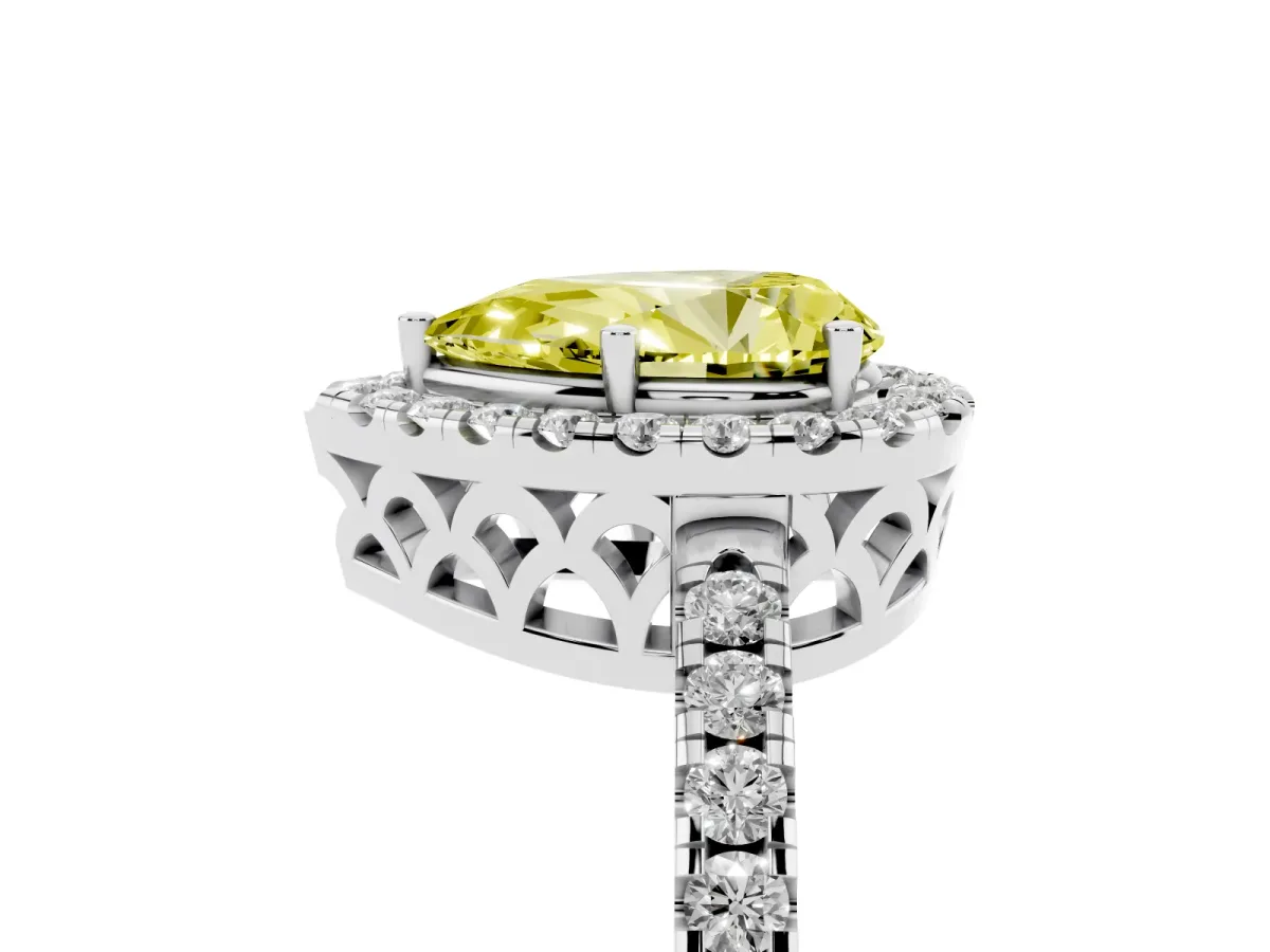 Fancy Yellow Pear Cut Halo Diamond Engagement Ring with Pavé Band and Four-Prong Setting White gold