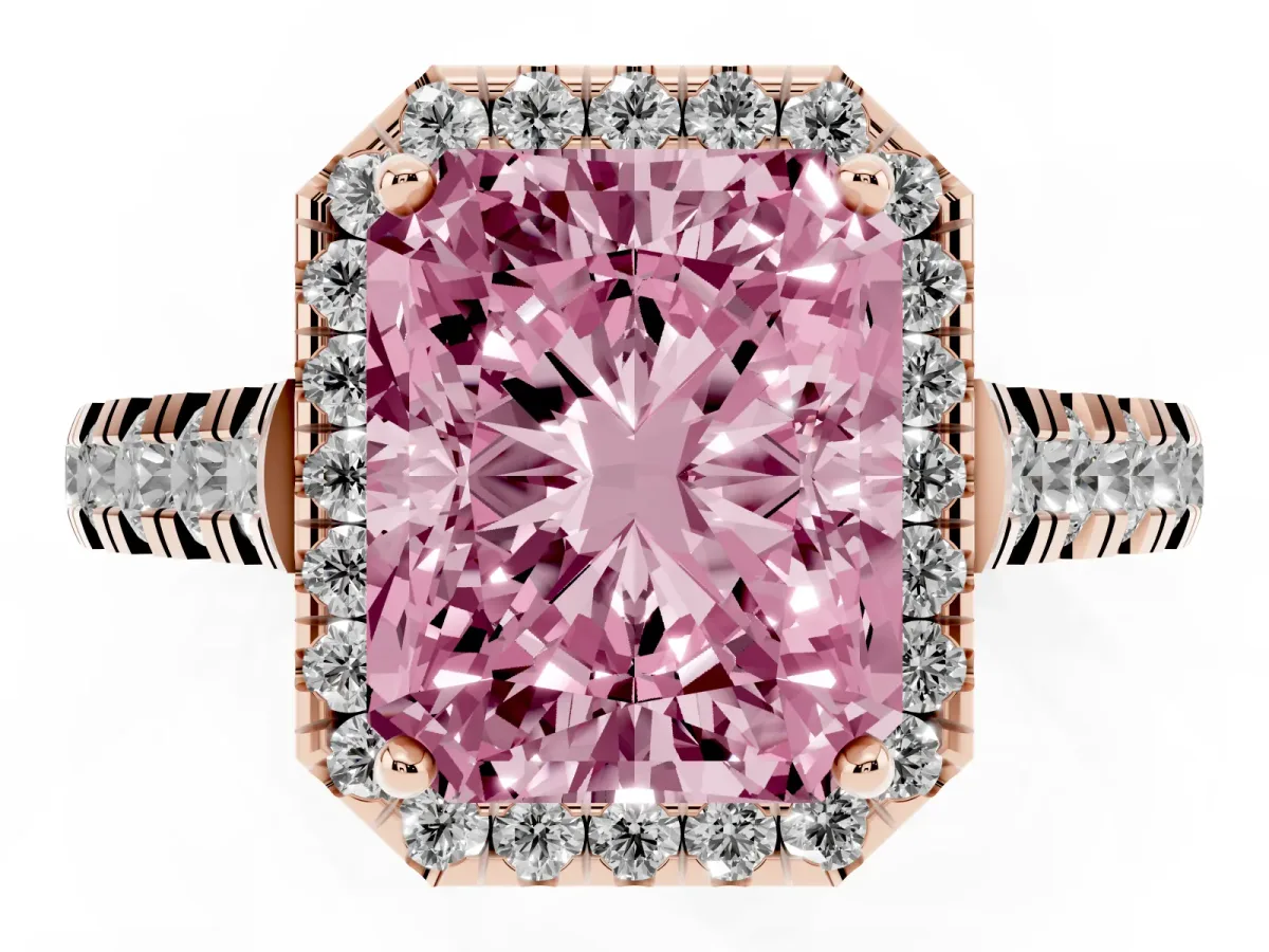 Fancy Pink Radiant Cut Halo Pavé Diamond Engagement Ring with Four-Prong Setting Rose gold