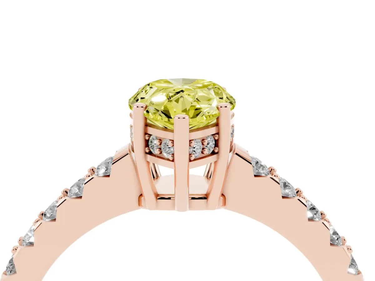 Fancy Yellow Pear Cut Solitaire Diamond Engagement Ring with Pavé Band and Six-Prong Setting Rose gold