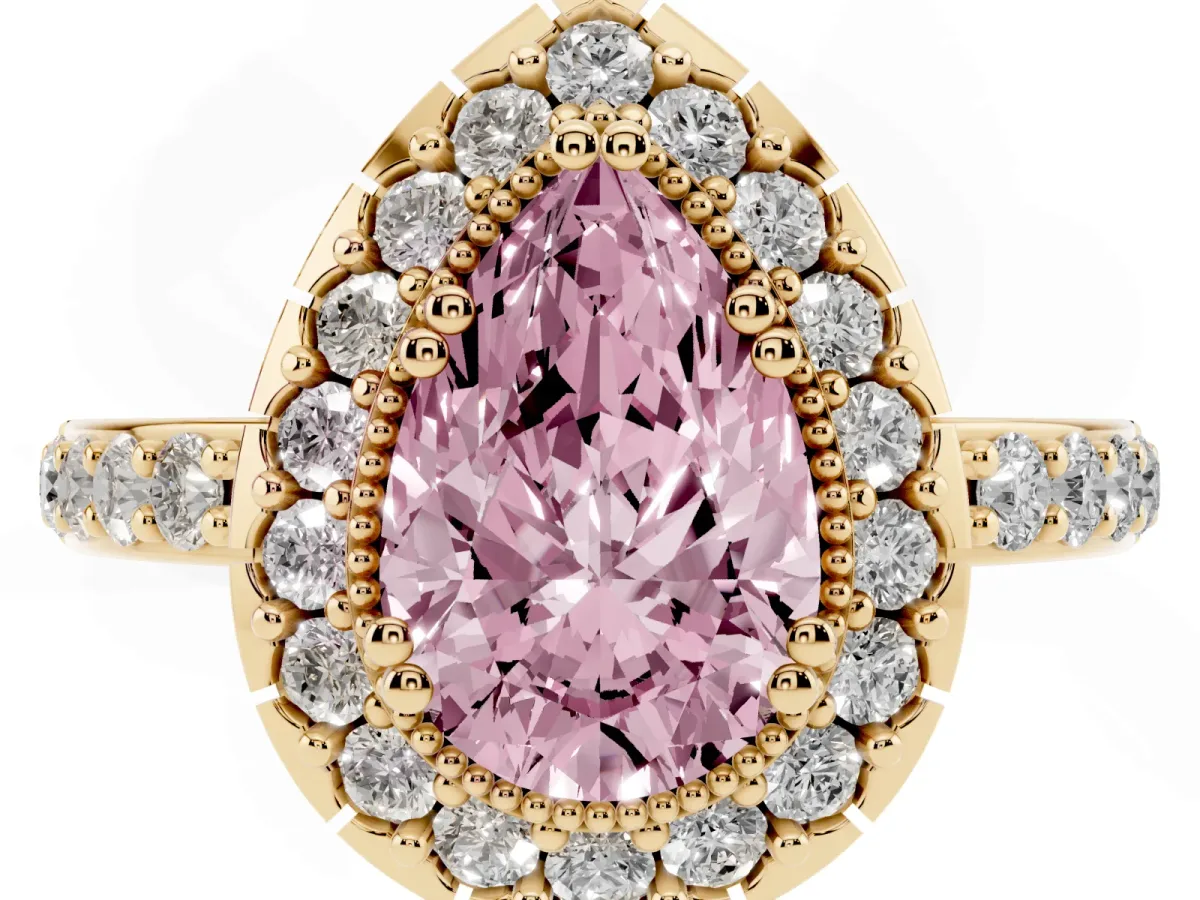 Fancy Pink Pear Cut Diamond Halo Ring with Pavé Band and Prong Setting Yellow gold