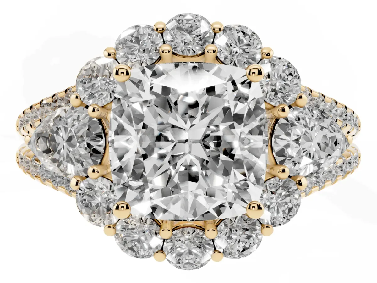 Cushion Cut Halo Split Shank Diamond Engagement Ring with Prong Setting Yellow gold