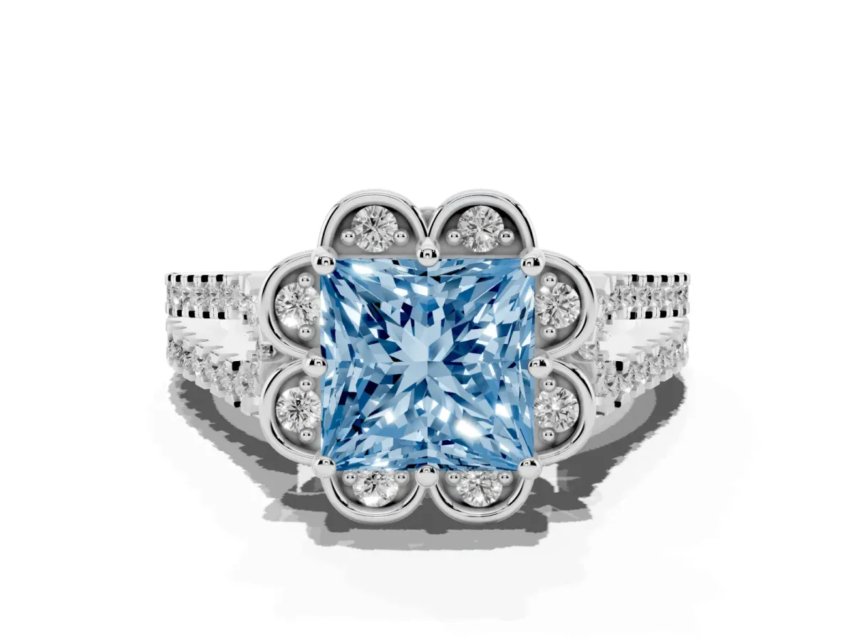 Fancy Blue Princess Cut Halo Diamond Floral Split Shank Engagement Ring Silver