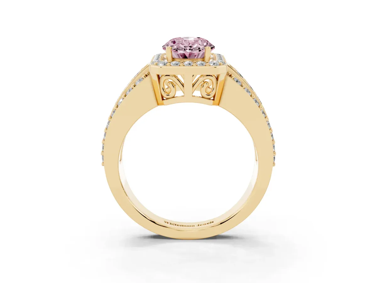 Fancy Pink Oval Cut Halo Diamond Ring with Round Split Shank and Prong Setting Yellow gold