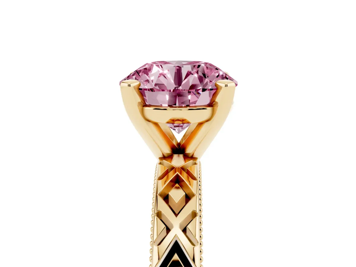 Fancy Pink Round Cut Solitaire Diamond Ring with Milgrain and Black Enamel X Pattern Band Yellow gold