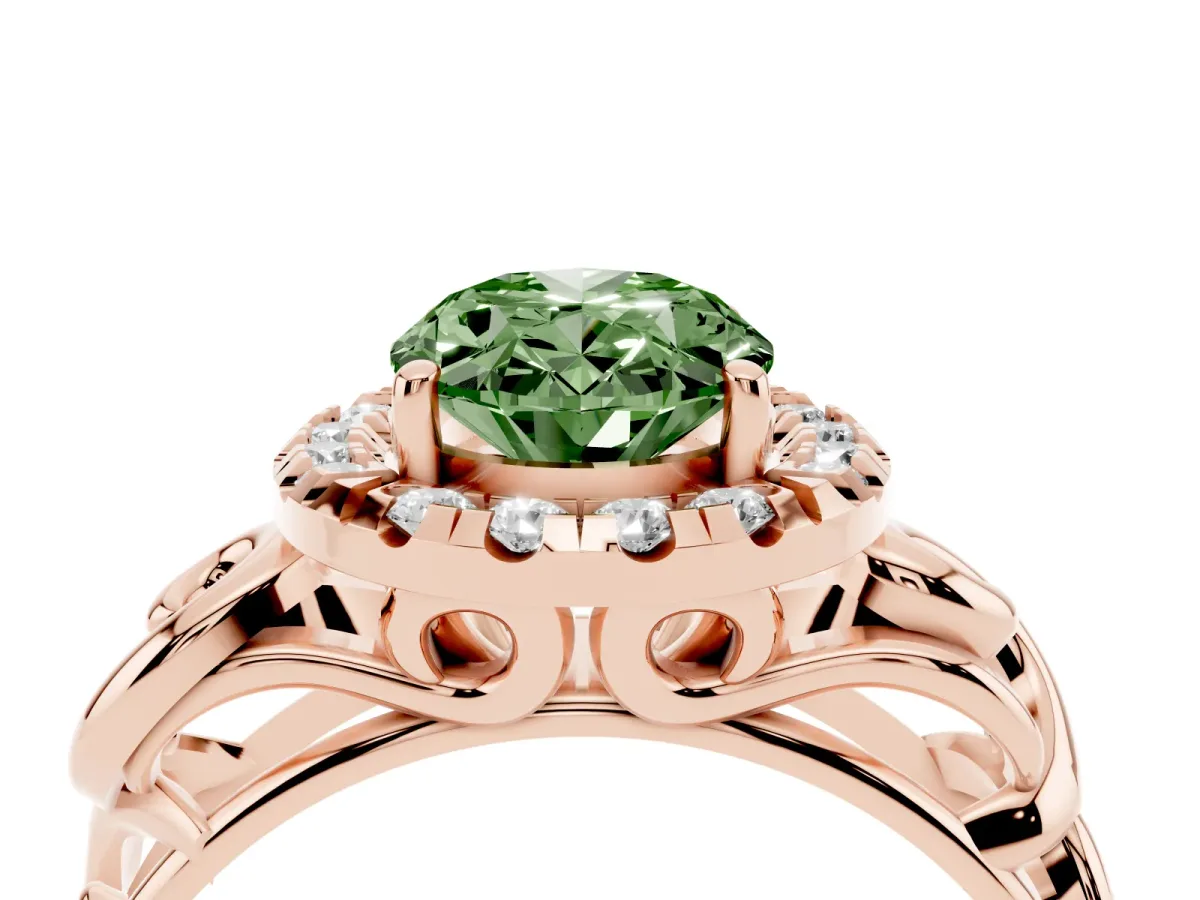 Fancy Green Oval Cut Cut Halo Diamond Ring with Scrollwork Band and Four-Prong Setting Rose gold