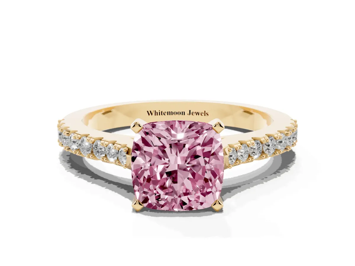 Fancy Pink Cushion Cut Cut Solitaire Diamond Engagement Ring with Pave Band and Four-Prong Setting Yellow gold