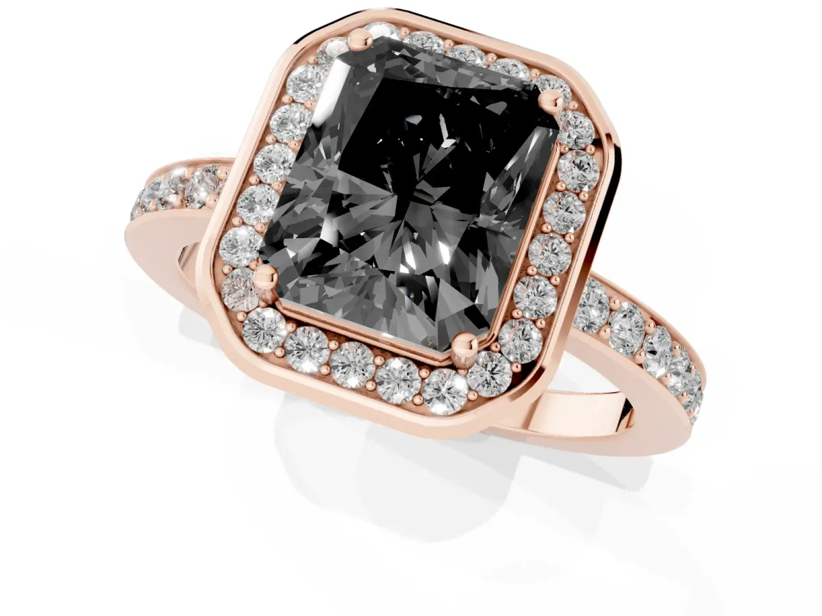 Fancy Black Radiant Cut Diamond Halo Ring with Bezel Frame and Pavé Band Rose gold