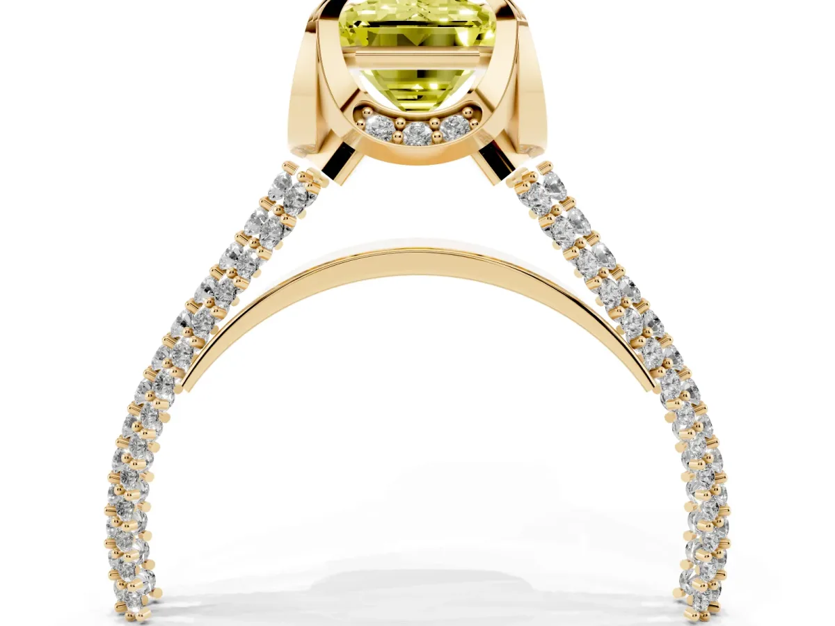 Fancy Yellow Emerald Cut Solitaire Pave Split Shank Ring with Four-Prong Setting Yellow gold