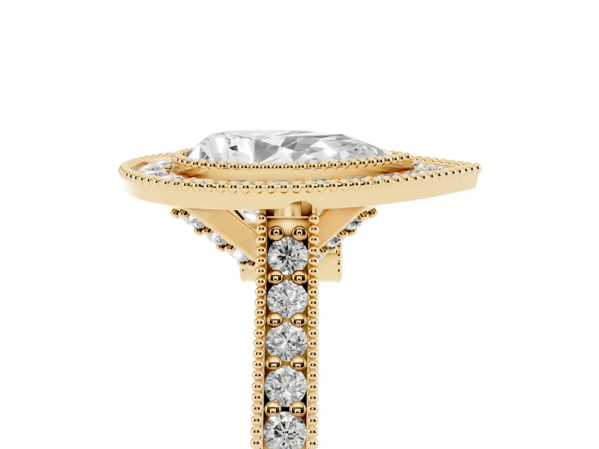 Halo Pear Cut-Cut Diamond Pave Band Milgrain Prong Setting Ring Yellow gold