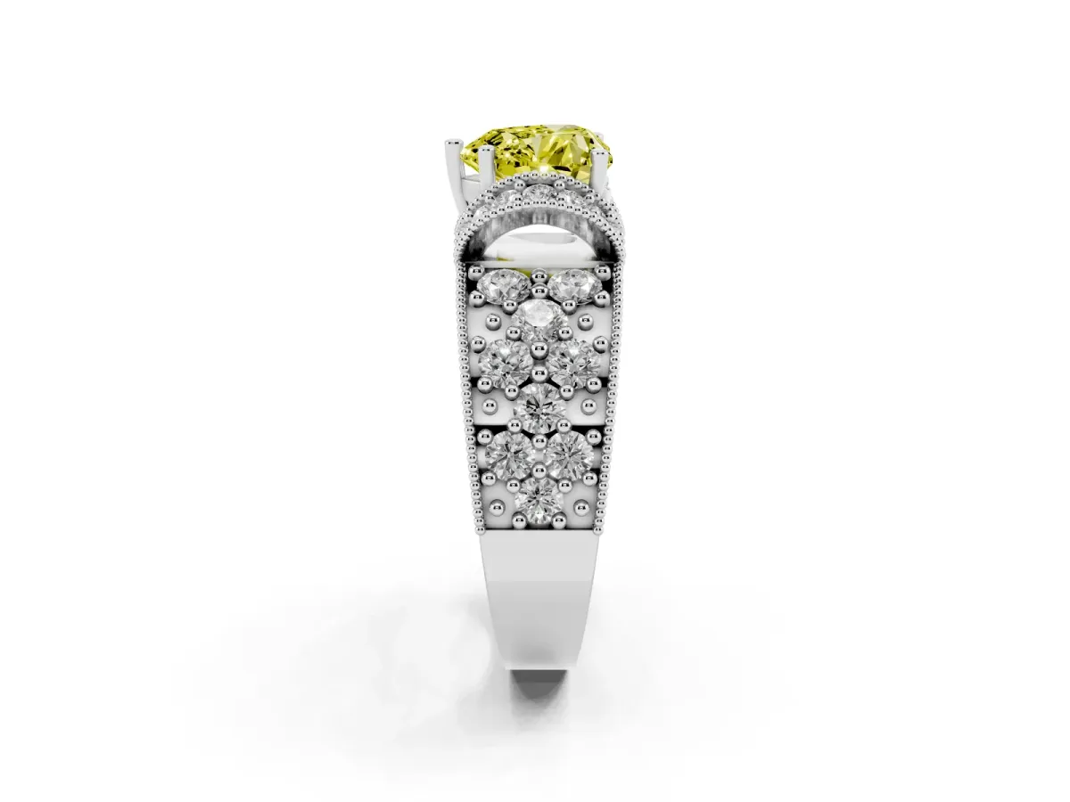 Fancy Yellow Heart Cut Halo Pave Diamond Engagement Ring with Milgrain Detailing White gold