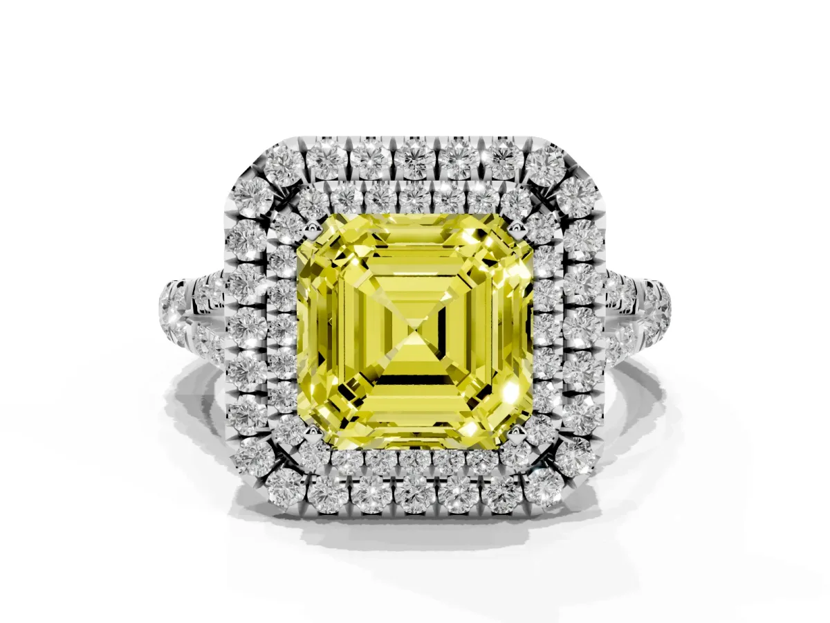 Fancy Yellow Asscher Cut Cut Double Halo Split Shank Diamond Ring with Prong Setting Platinum