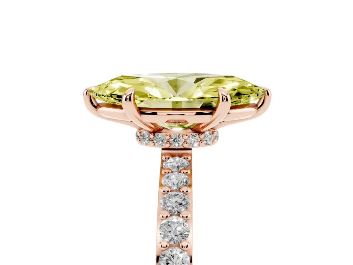 Fancy Yellow Marquise Cut Diamond Pavé Engagement Ring with Round Accents and Prong Setting Rose gold