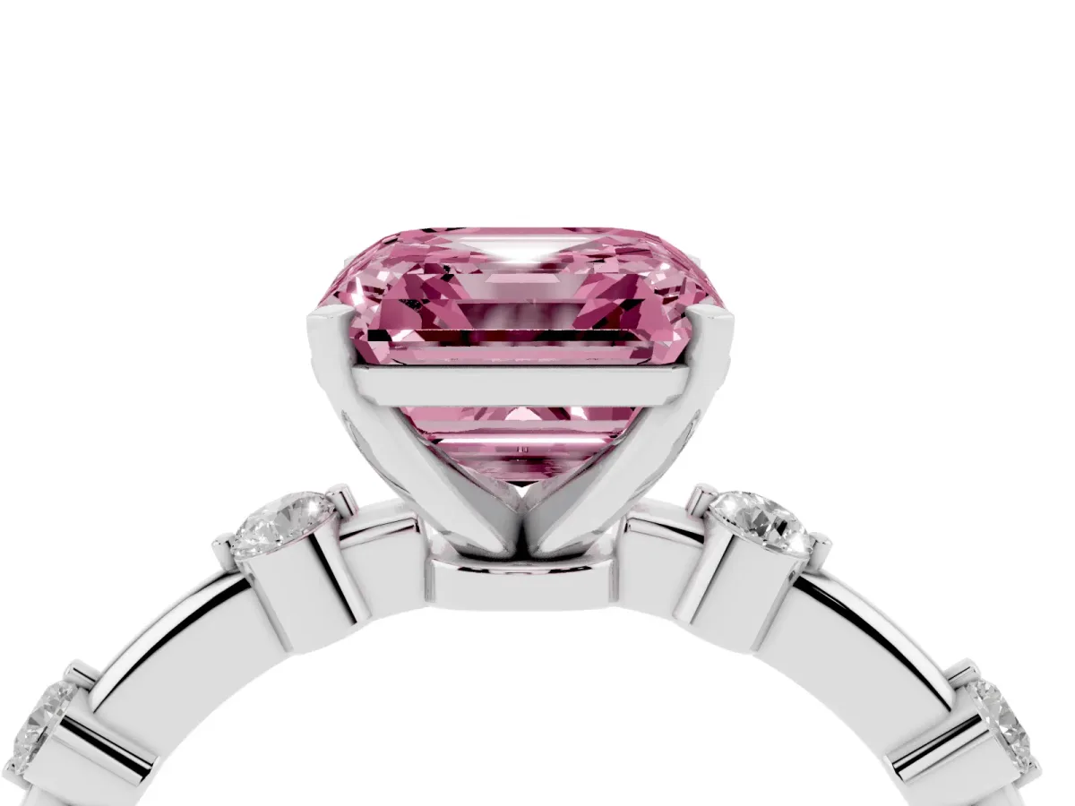 Fancy Pink Asscher Cut Solitaire Diamond Ring with Bezel Set Side Stones and Prong Setting Silver