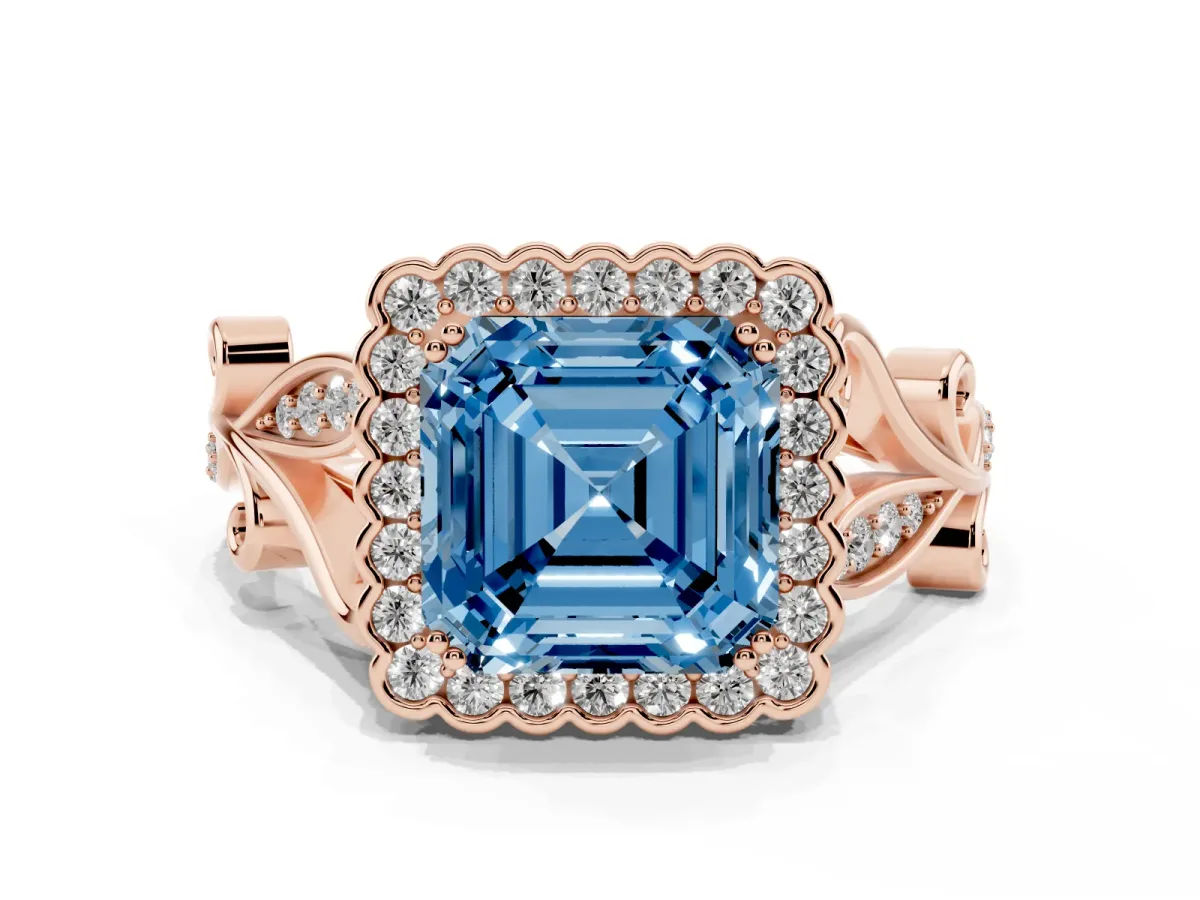 Fancy Blue Asscher Cut Diamond Halo Ring with Vintage Split Shank and Four-Prong Setting Rose gold