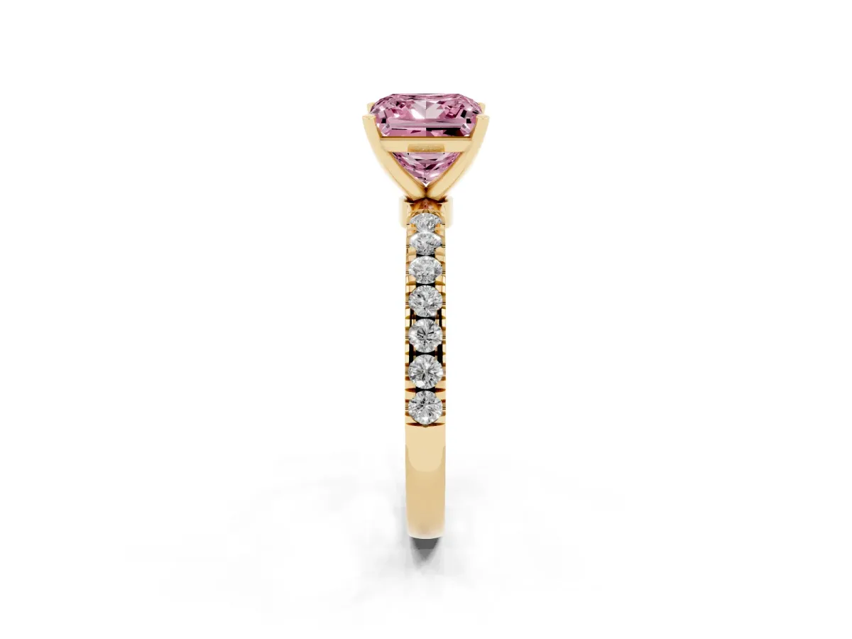 Fancy Pink Princess Cut Diamond Solitaire Ring with Pavé Accents and Four-Prong Setting Yellow gold