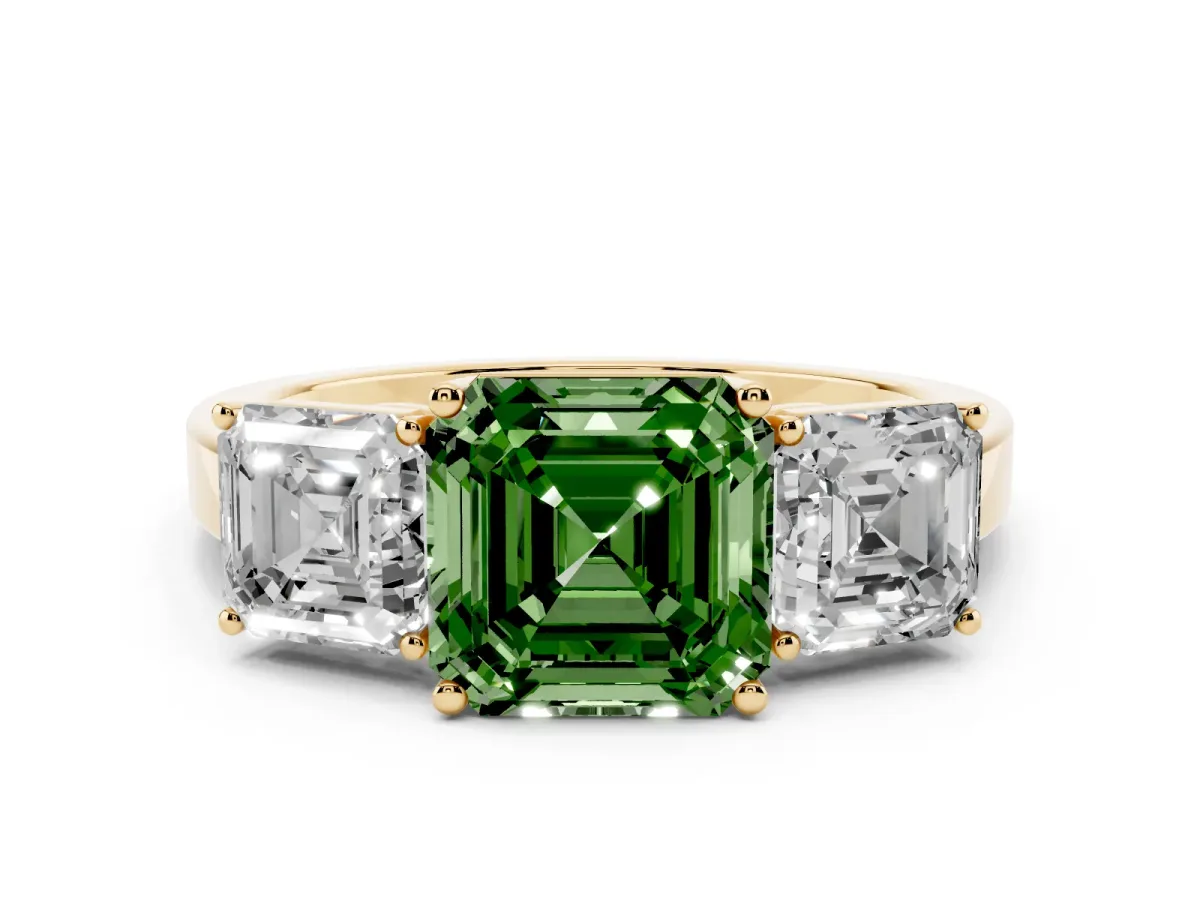 Fancy Green Three-Stone Asscher Cut Cut Diamond Engagement Ring with Flat Band and Four-Prong Setting Yellow gold