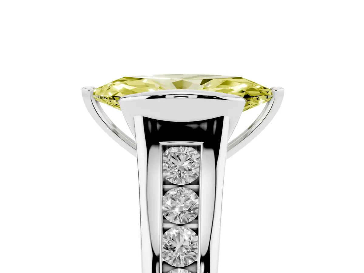Fancy Yellow Marquise Cut Solitaire Bezel-Set Diamond Ring with Channel-Set Band Silver