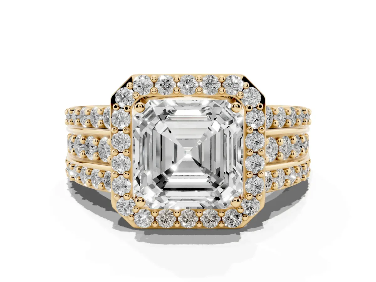 Asscher Cut Halo Diamond Ring with Round Split Shank and Prong Setting Yellow gold
