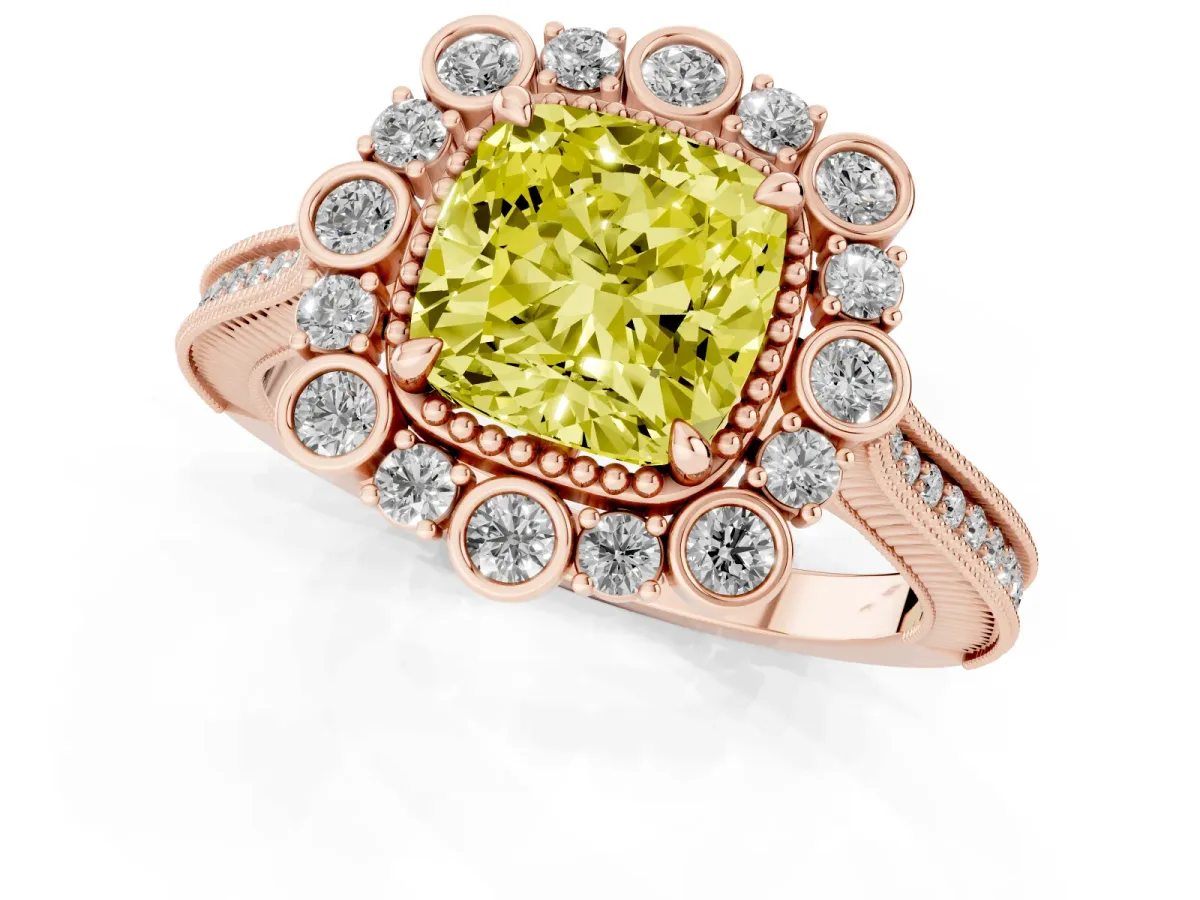 Fancy Yellow Cushion Cut Halo Milgrain Pave Diamond Ring with Four-Prong Setting Rose gold
