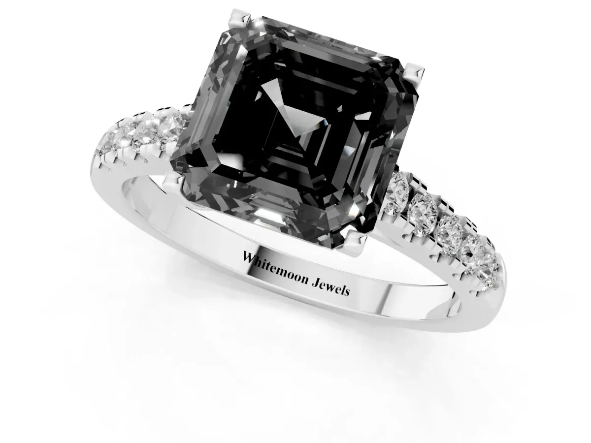 Fancy Black Asscher Cut Diamond Pavé Band Solitaire Ring with Prong Setting Platinum