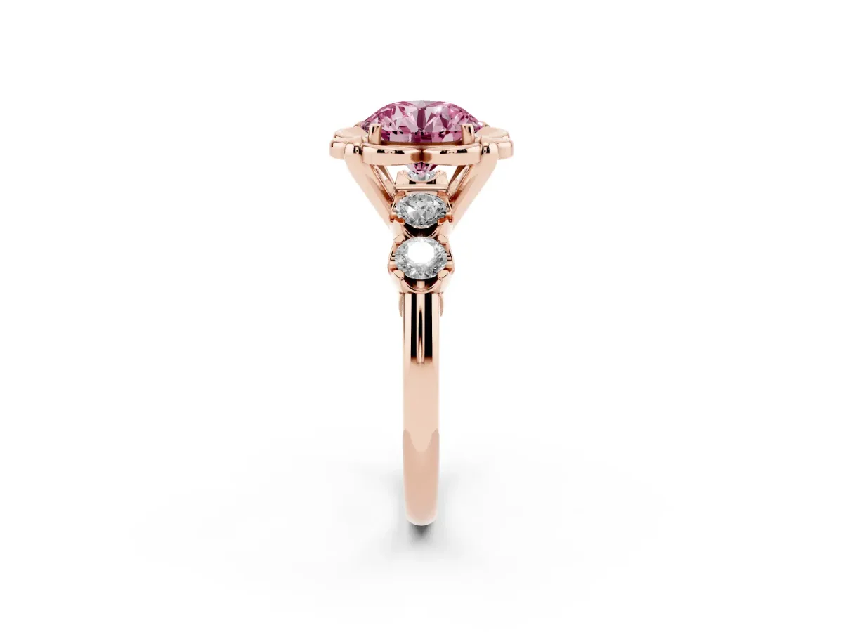 Fancy Pink Round Cut Cut Diamond Floral Halo Engagement Ring with Shared Prong Setting Rose gold