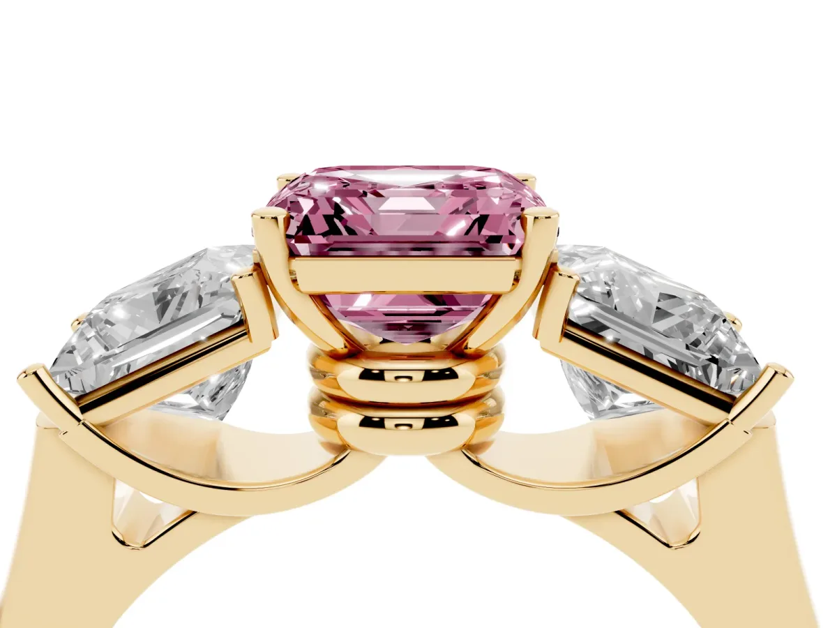 Fancy Pink Three-Stone Asscher Cut Brilliant Diamond Trellis Ring with Comfort Fit Band Yellow gold