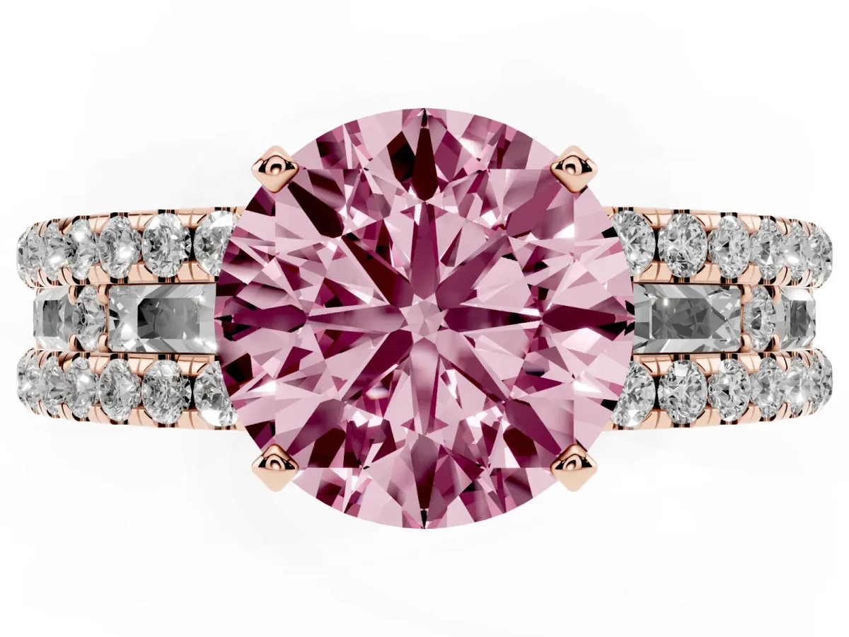 Fancy Pink Round Cut Diamond Solitaire Ring with Pavé and Channel Set Band Rose gold