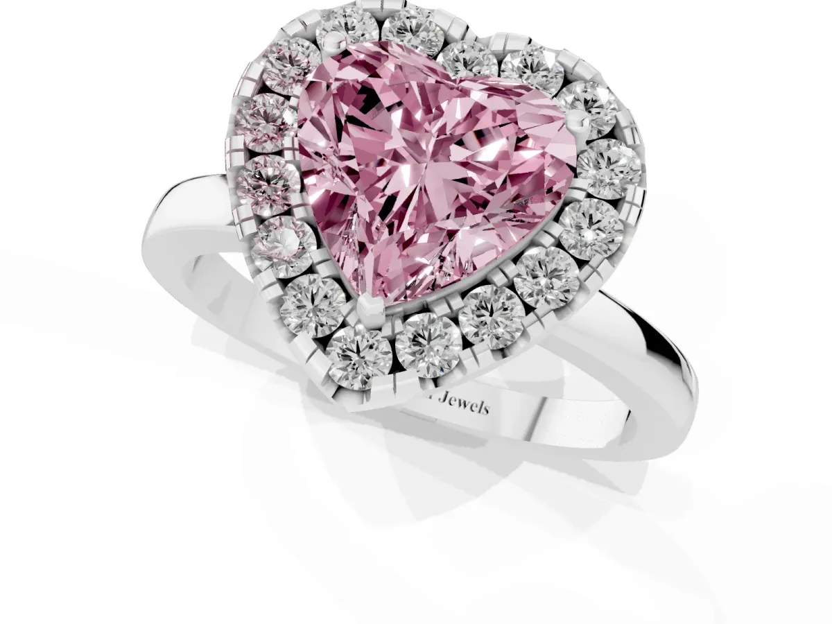 Fancy Pink Heart Cut Halo Diamond Solitaire with Pavé Band and Four-Prong Setting Platinum