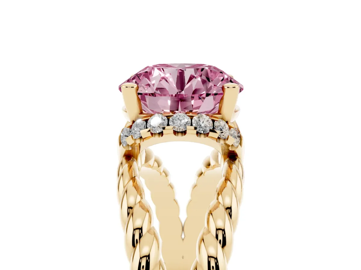 Fancy Pink Round Cut Halo Twisted Band Four-Prong Ring Yellow gold