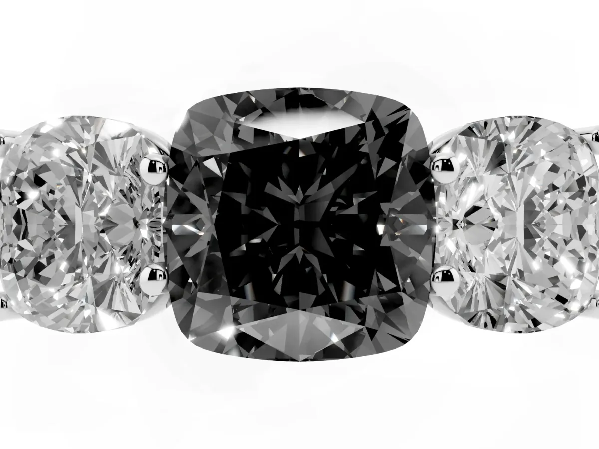 Fancy Black Cushion Cut Three-Stone Diamond Ring with Prong Setting on a Classic Band Platinum