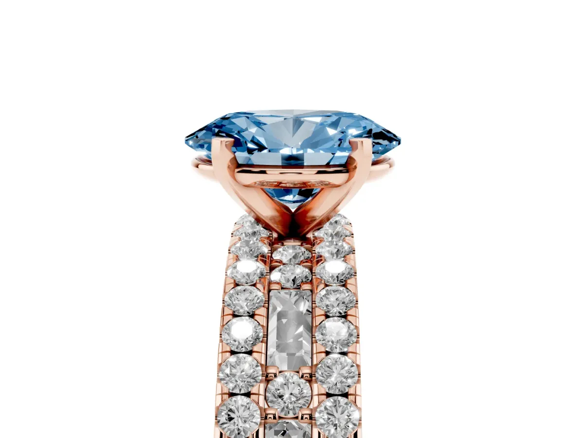 Fancy Blue Oval Cut Diamond Solitaire Ring with Pavé and Channel Set Band Rose gold