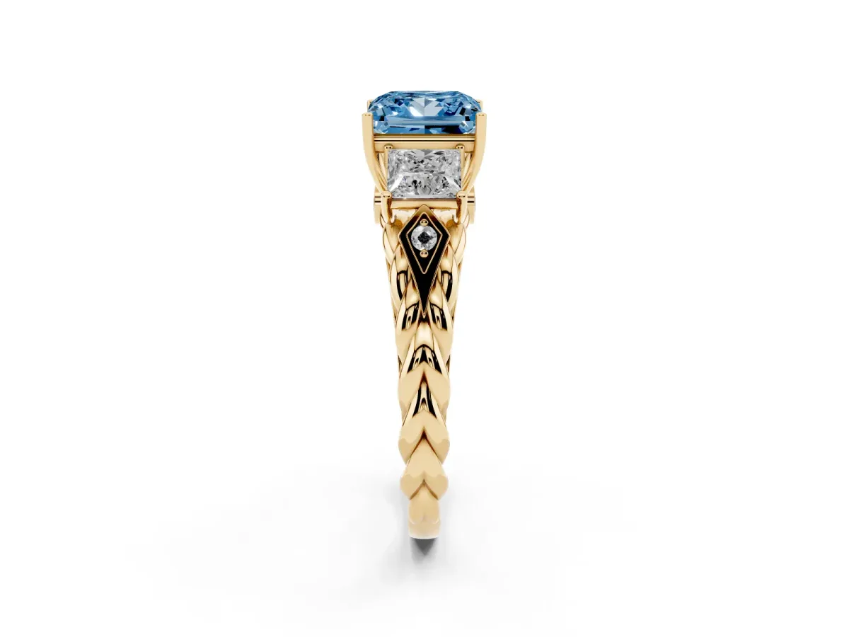 Fancy Blue Three-Stone Princess Cut Diamond Braided Band Ring with Four-Prong Setting Yellow gold