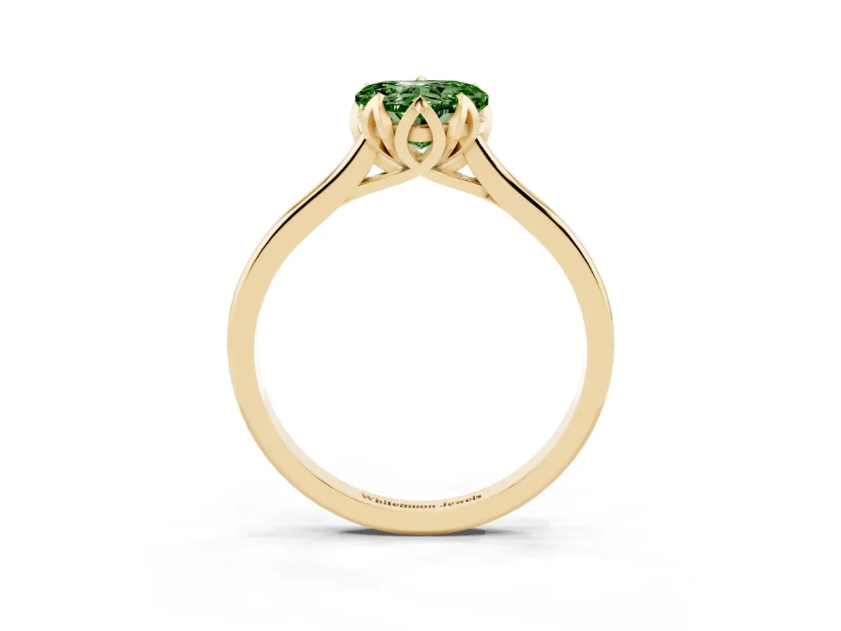 Fancy Green Heart Cut Diamond Solitaire Ring with Flower Prong Setting and Classic Band Yellow gold