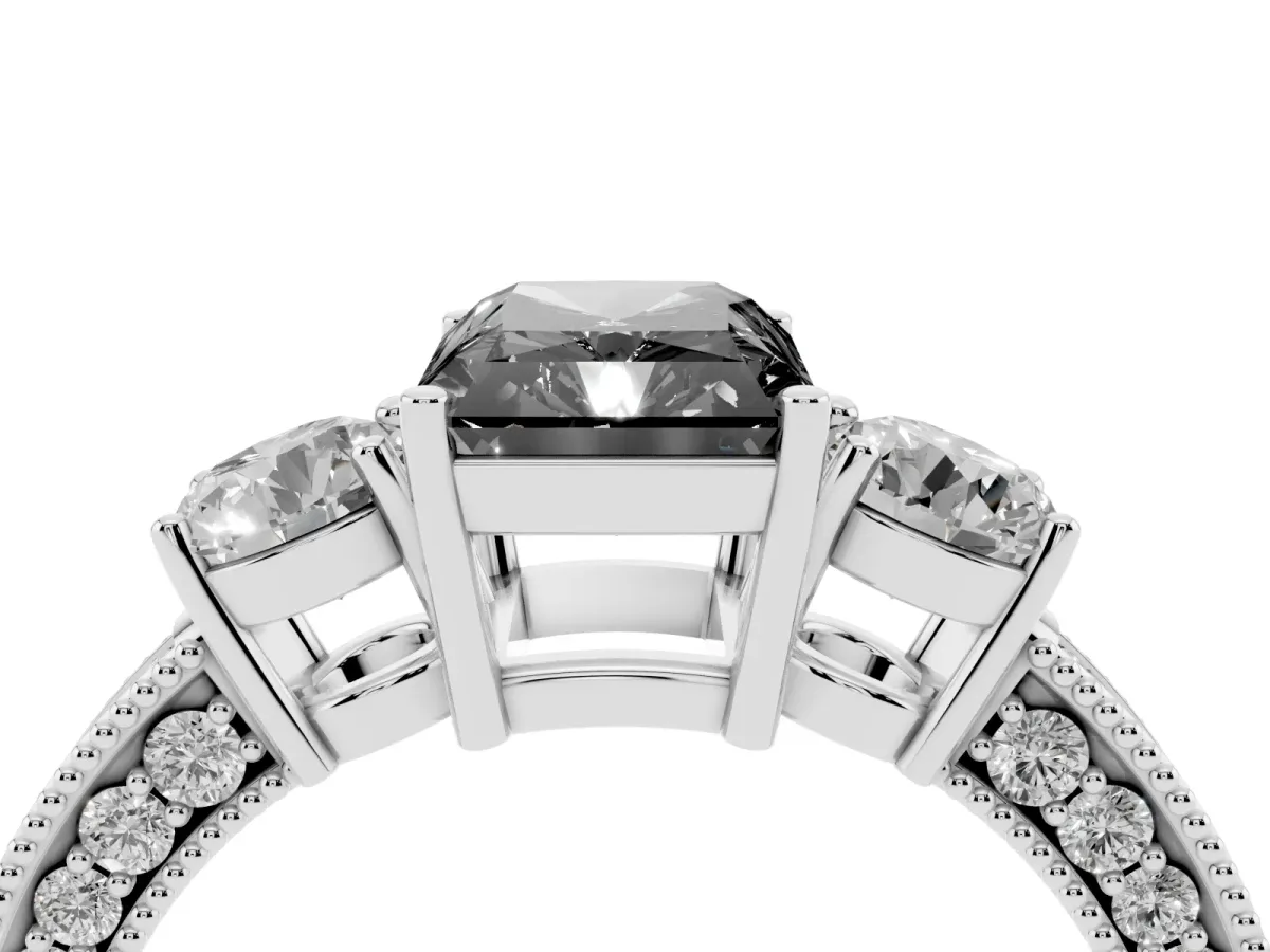 Fancy Black Radiant Cut Three-Stone Diamond Ring with Pavé Band and Four-Prong Setting Silver