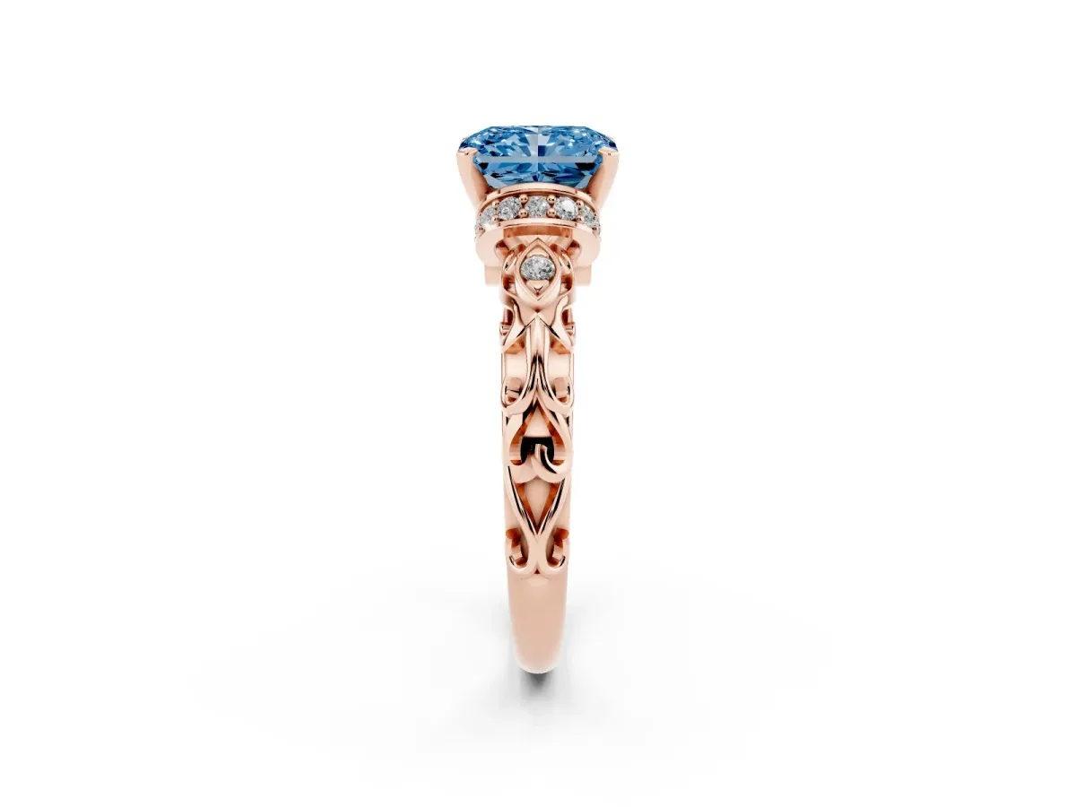 Fancy Blue Radiant Cut Diamond Solitaire Ring with Filigree Band and Four-Prong Setting Rose gold