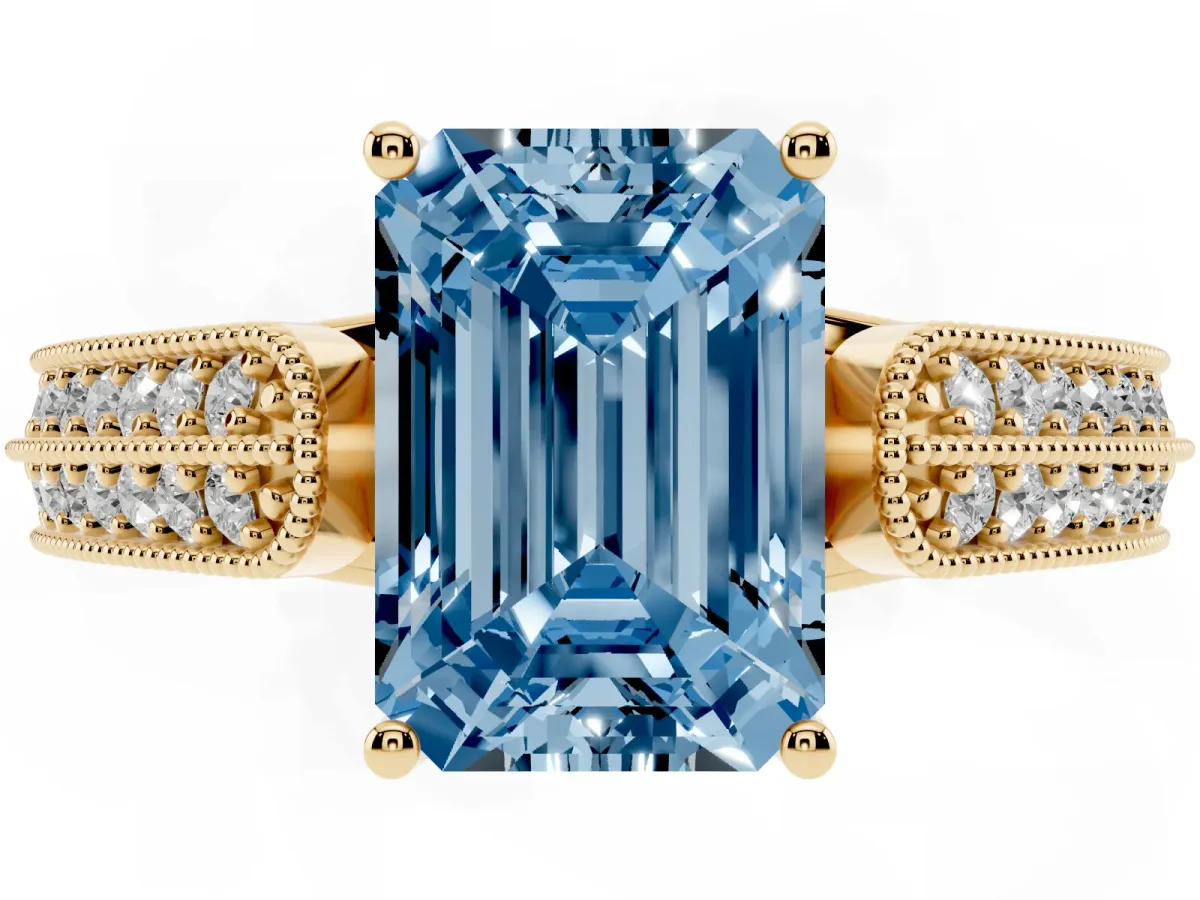 Fancy Blue Emerald Cut Cut Pave Split Shank Engagement Ring with Four-Prong Setting Yellow gold