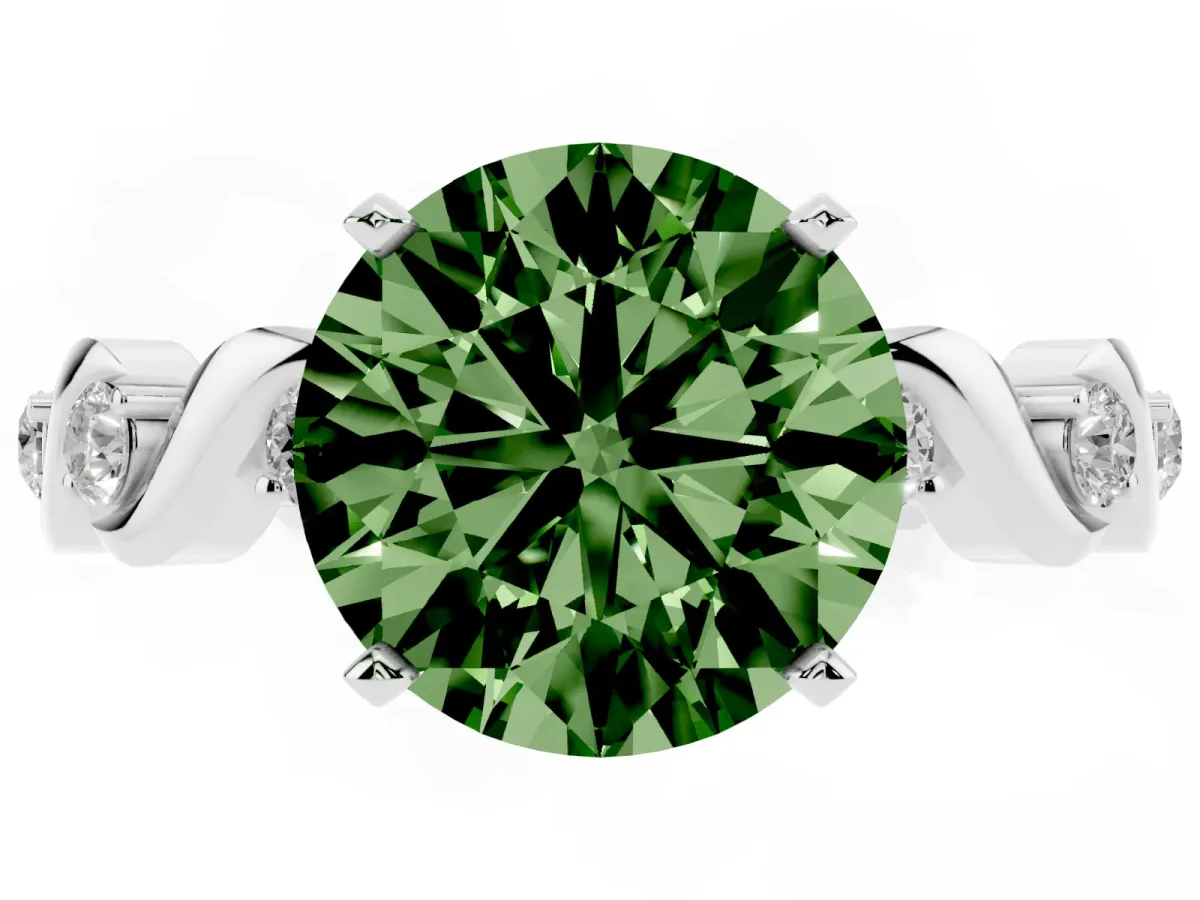 Fancy Green Round Cut Diamond Solitaire Twisted Band with Round Accents and Prong Setting Silver