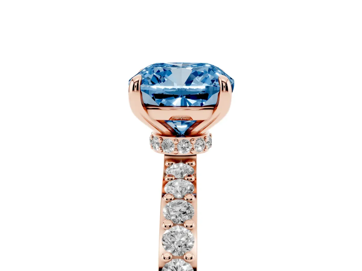 Fancy Blue Cushion Cut Diamond Solitaire Engagement Ring with Pavé Band and Four-Prong Setting Rose gold