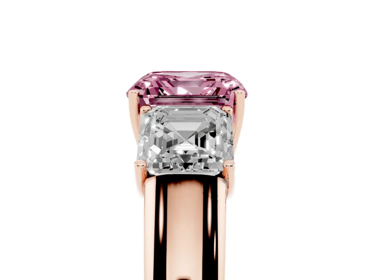 Fancy Pink Three-Stone Asscher Cut Cut Diamond Ring with Prong Setting and Classic Band Rose gold