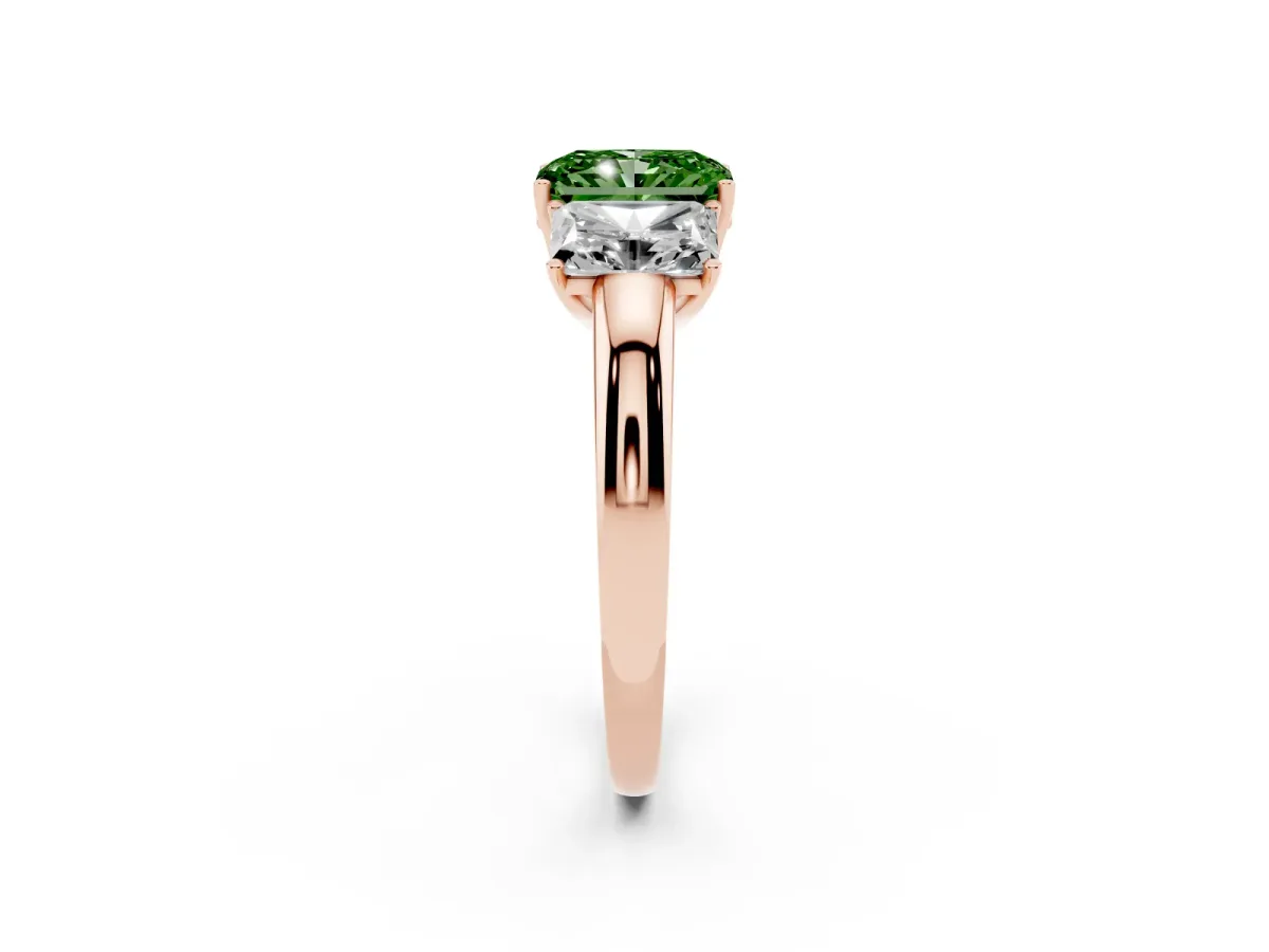 Fancy Green Radiant Cut Diamond Three-Stone Ring with Four-Prong Setting and Classic Band Rose gold
