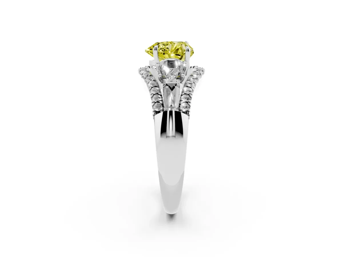 Fancy Yellow Three-Stone Heart Cut Diamond Engagement Ring with Pave Band and Prong Setting Silver