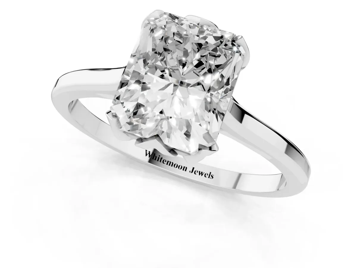 Radiant Cut Diamond Solitaire Ring with Flower Prong Setting and Classic Band Silver