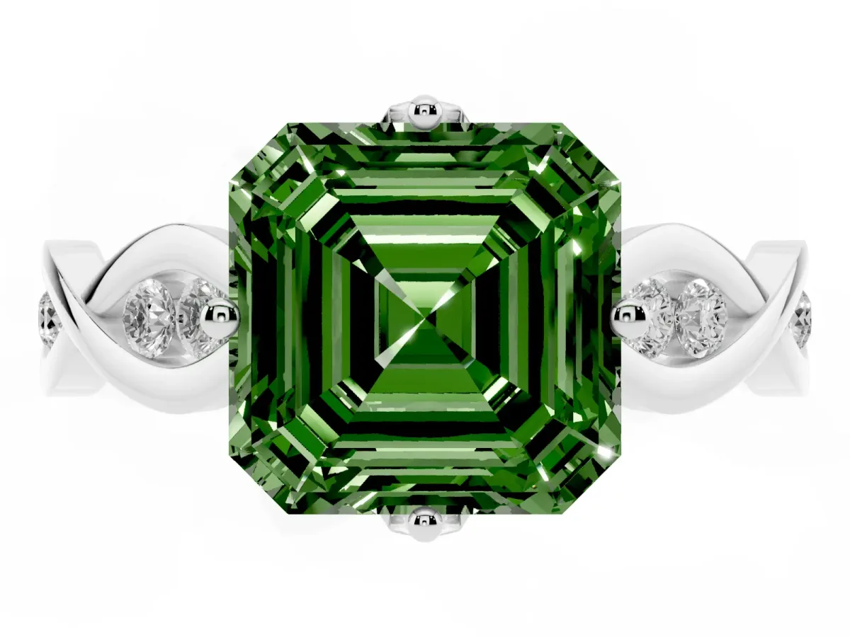 Fancy Green Asscher Cut Solitaire Twist Band with Leaf Prong Setting Platinum