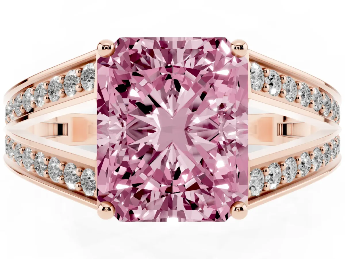 Fancy Pink Radiant Cut Diamond Split Shank Ring with Pavé Band and Four-Prong Setting Rose gold