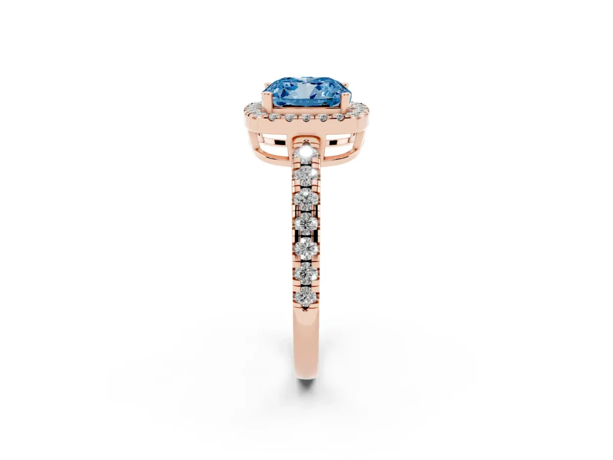 Fancy Blue Cushion Cut Diamond Halo Ring with Pavé Band and Four-Prong Setting Rose gold