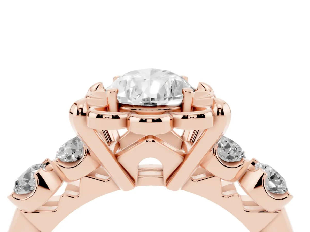 Pear Cut Cut Diamond Floral Halo Engagement Ring with Shared Prong Setting Rose gold