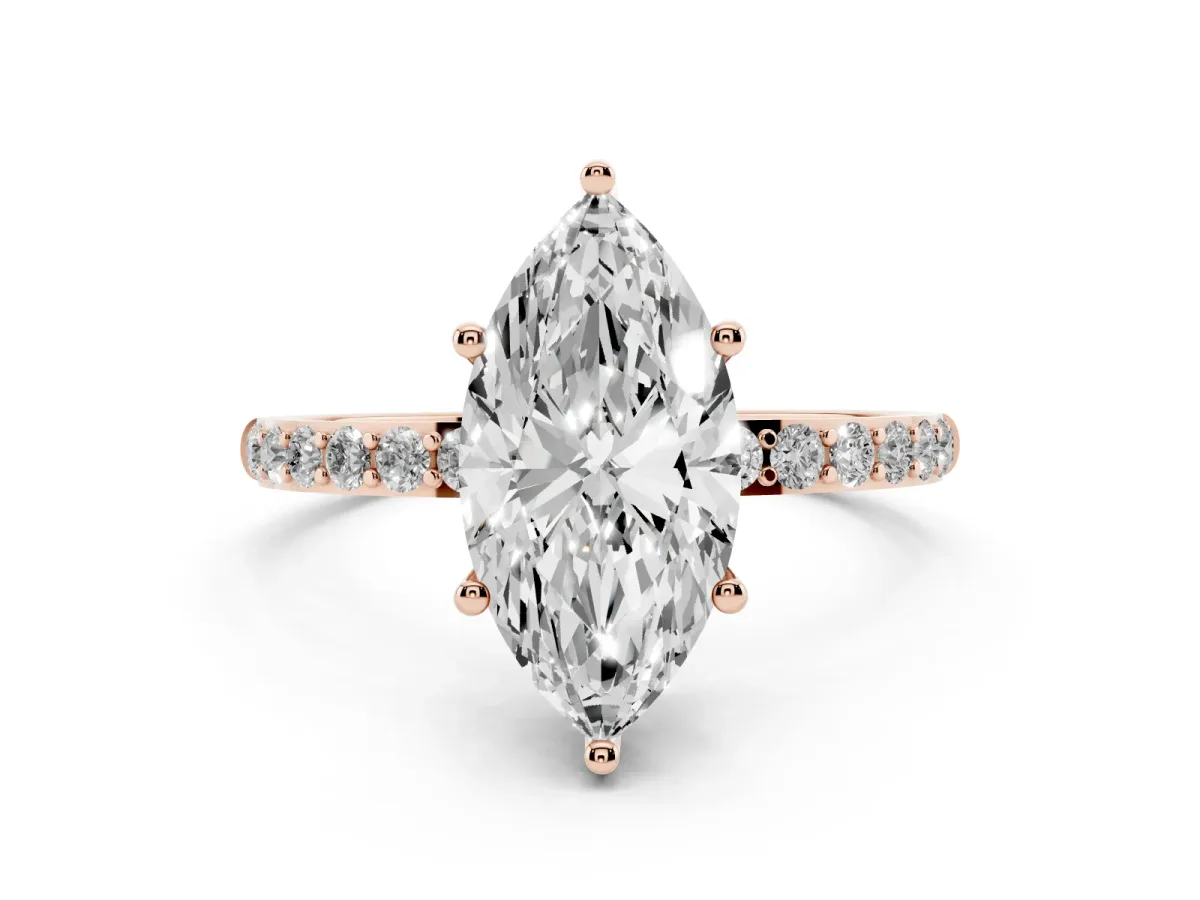 Marquise Cut Diamond Solitaire Ring with Round Pavé Shoulders and Prong Setting Rose gold