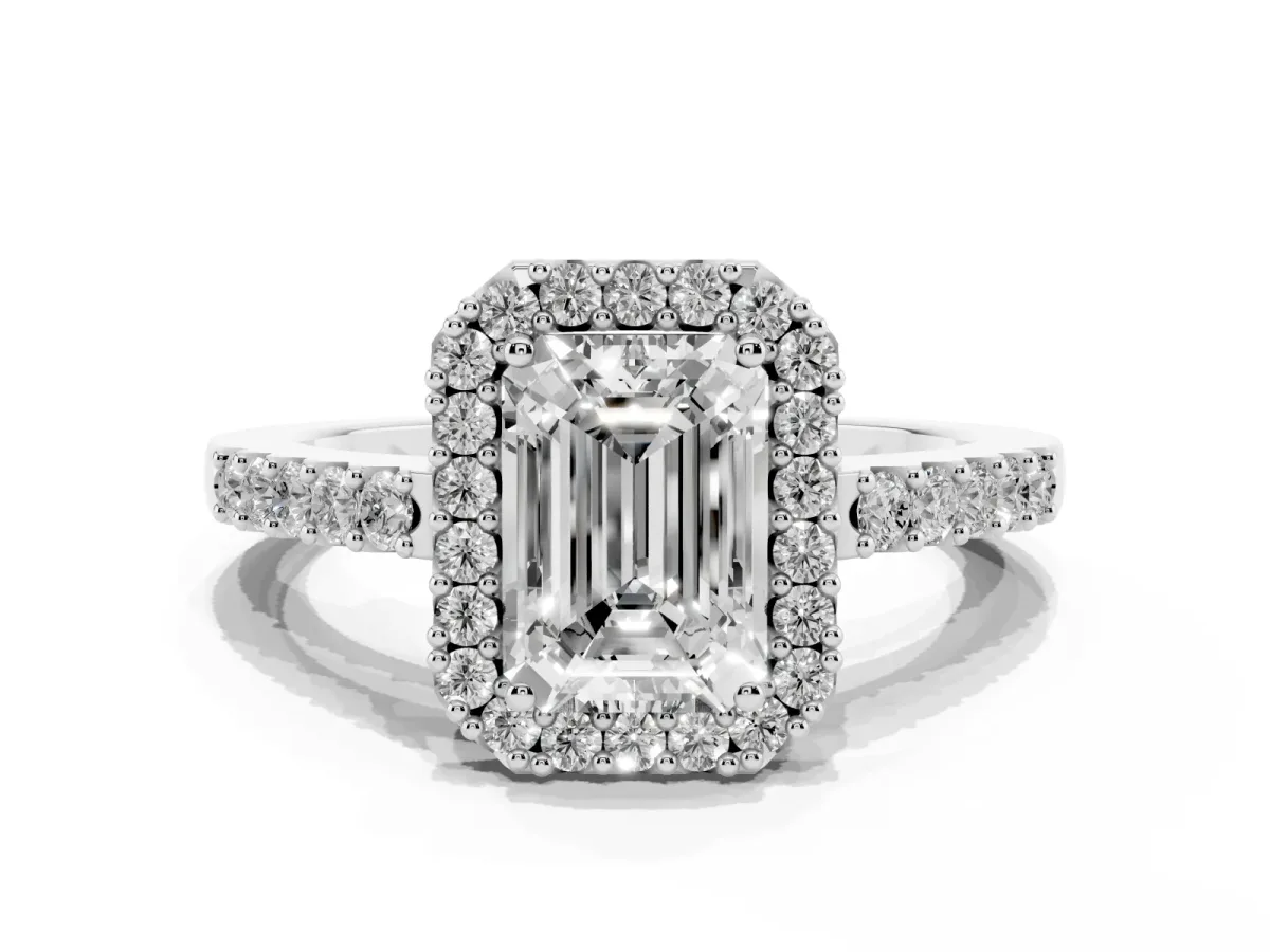 Emerald Cut Halo Diamond Pavé Solitaire Ring Platinum